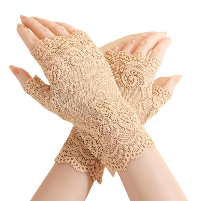 

Свадебные перчатки с нежным кружевным дизайном, закрывающие половину пальцев, идеально подходят для церковных и выездных церемоний абрикосовый