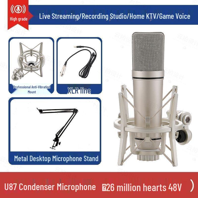 Professional U87 Large Diaphragm Condenser Microphone Set with Sound Card for Live Streaming and Singing