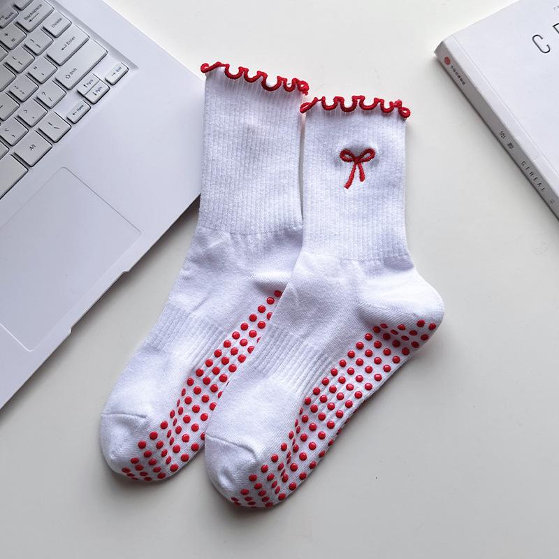 Yoga Socks - Women's Mid-calf Socks with Lace Embroidery and Anti-slip Design for Pilates Fitness and Exercise on The Floor.