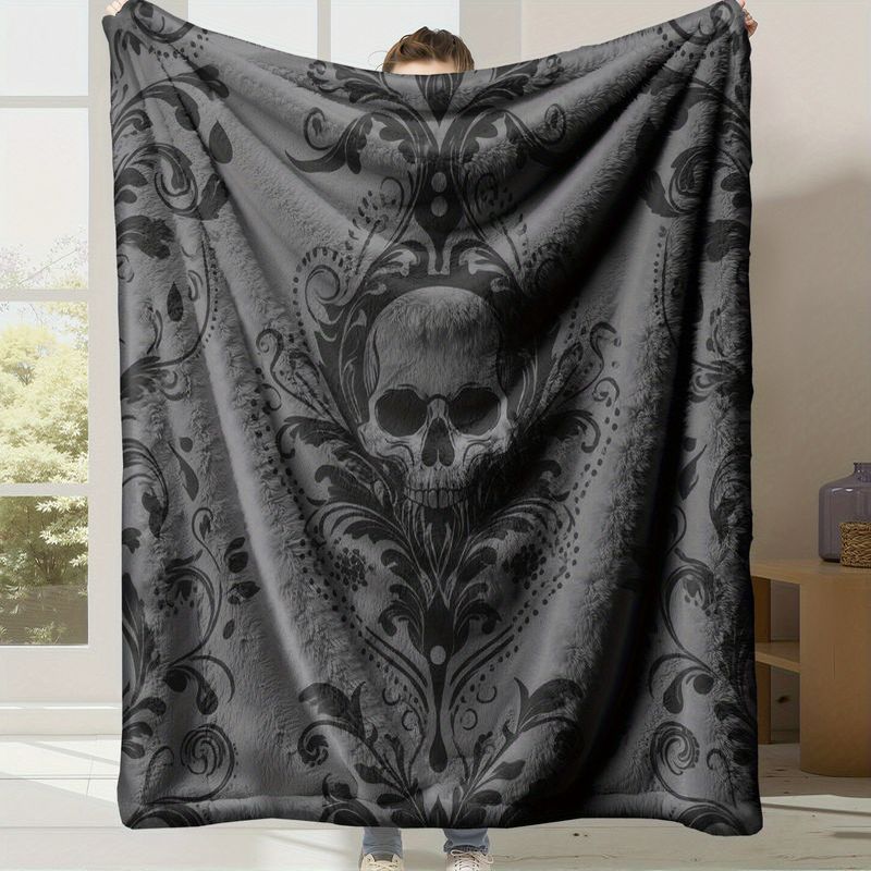 VIKAMA Gothic Barock Totenkopf Überwurf Dunkler Blumendruck Flanell Decke Weich Warm Sofa Bett Überwurf Halloween Heimdeko Geschenk
