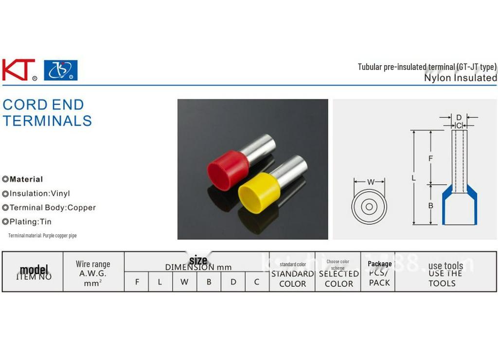 KT KST VE E1512 Purple Copper Cold Crimp Terminals, Tubular Pre-Insulated, 1000 pcs.