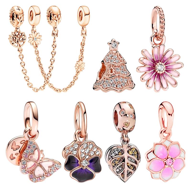 Charms Diy Women Jewelry Gift Sparkling Rose Gold Flowers & Hearts Family Tree Daisy Flower Beads Fit Original Bracelet