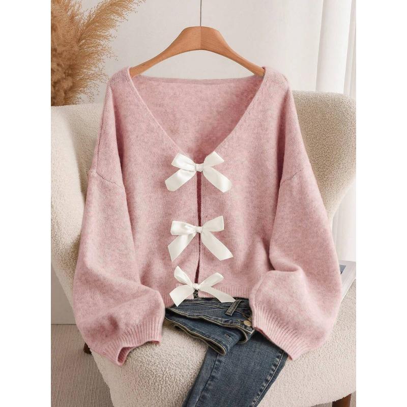 Design bow knitted cardigan autumn and winter new loose versatile lazy style knitted sweater