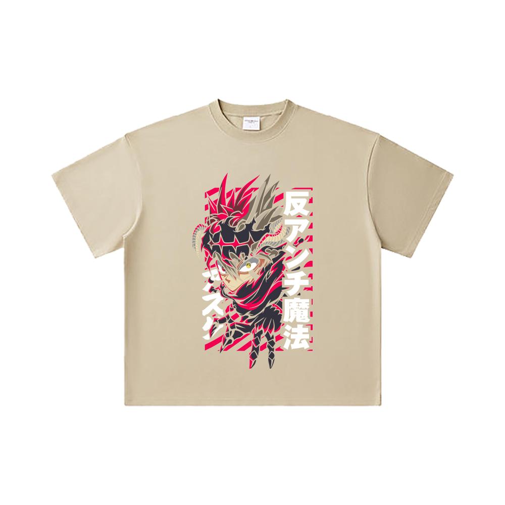 260 GSM Double Yarn 32 Count 100% Cotton Black Clover V5 Asta Demon Print Unisex Heavy Cotton T Shirt