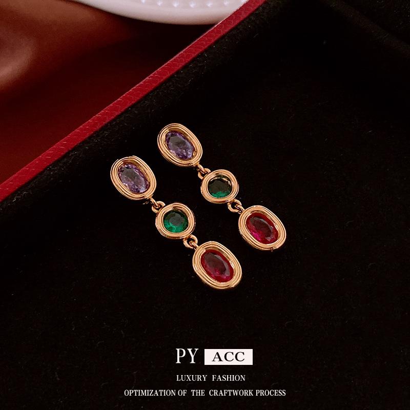 Vintage Silver Needle Zircon Oval Earrings - Retro High-End Women's Jewelry