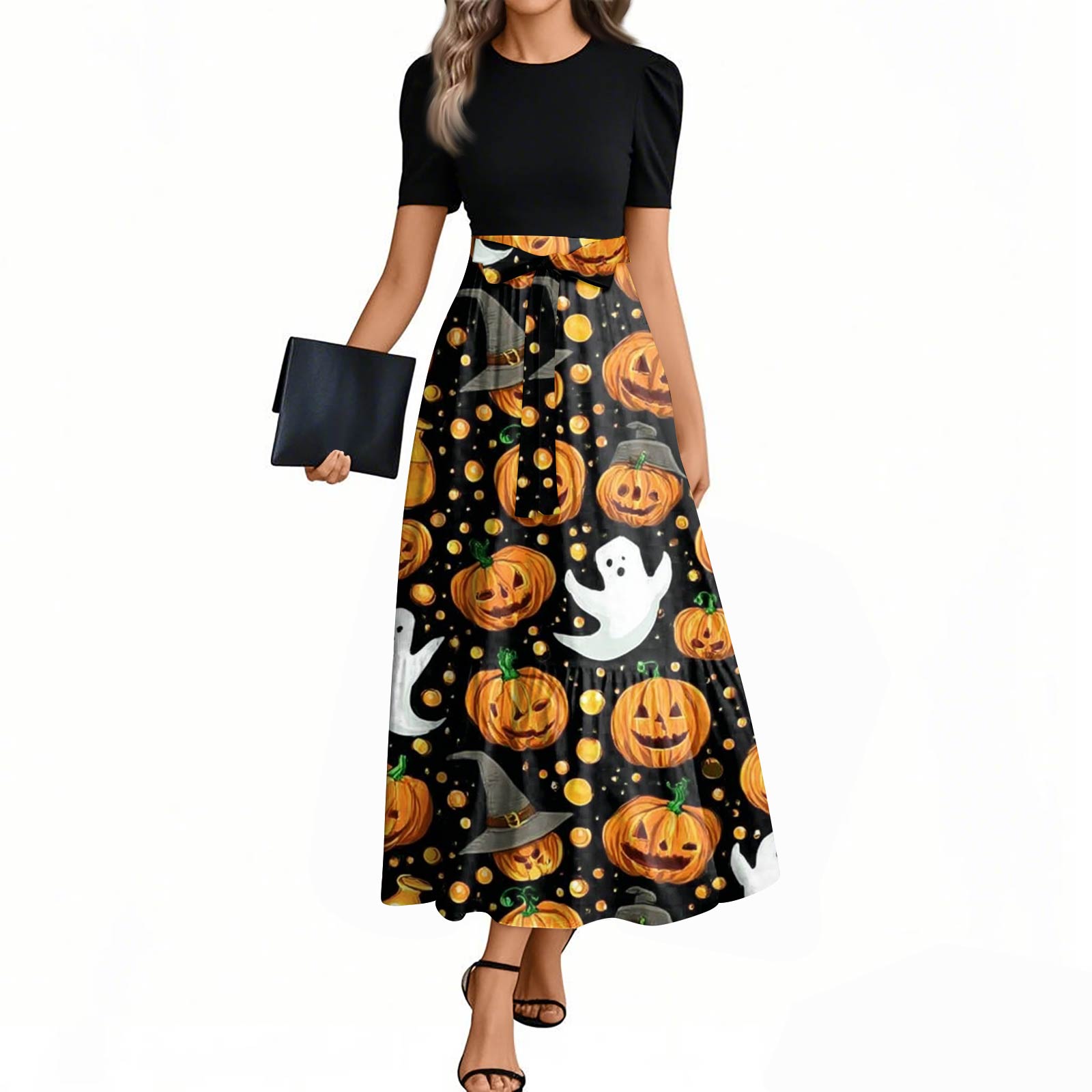 

Women s Fashion Casual Belted Short Sleeve Round Neck Halloween Print Elegant Dress S