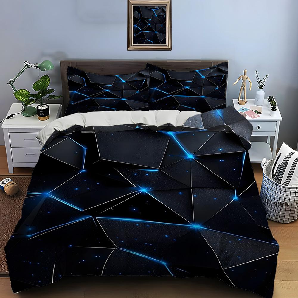 Stylish 3D Polygons And Blu-Ray Bedding Set For Kids Luxury Gift 3Pcs Digital Print Comforter Set Soft Comfortable Breathable