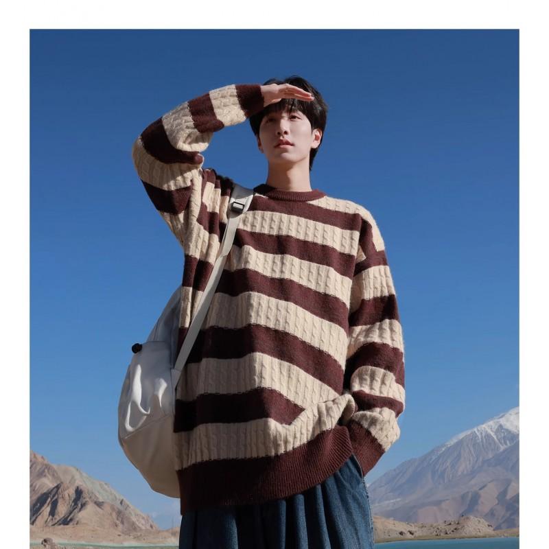 Mens Crewneck Sweater Japanese Vintage Striped Couple Knitwear Casual Trendy Top