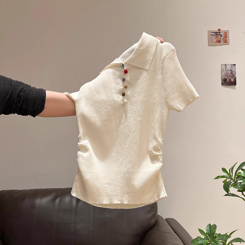 Summer sweet waist and thin shoulder POLO shirt short-sleeved T-shirt women's trend color button short top ins