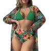 2025 European & American Lace Print Bikini Three-Piece Cover-up Set for Women