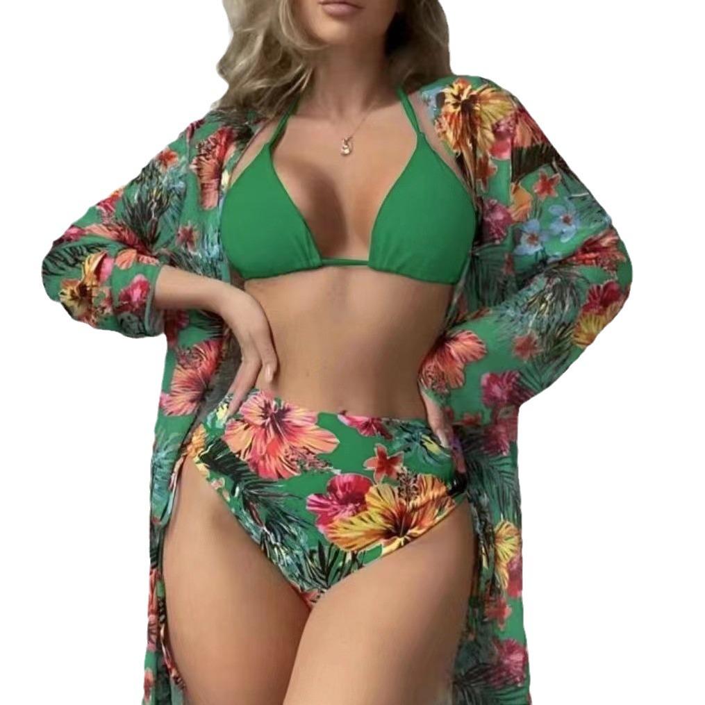 2025 European & American Lace Print Bikini Three-Piece Cover-up Set for Women