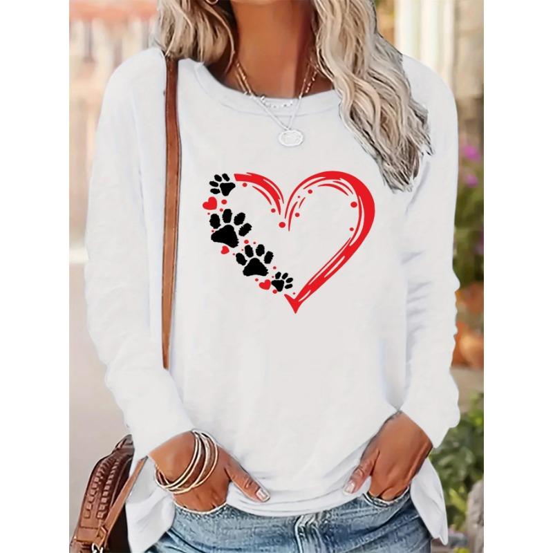 Spring and Autumn Round Neck Heart and Paw Print 3D Printed Top Fashionable Casual Long Sleeved Women's T-shirts