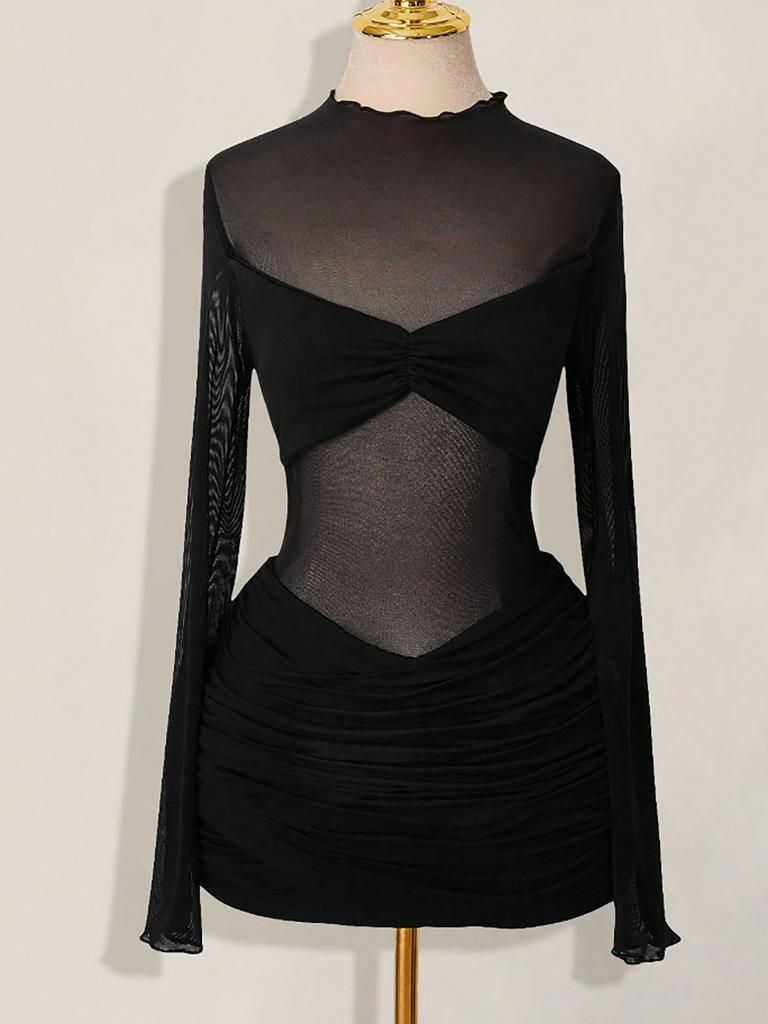European and American new perspective mesh long-sleeved slim-fit dress popular sexy Spice Girl style black short dress
