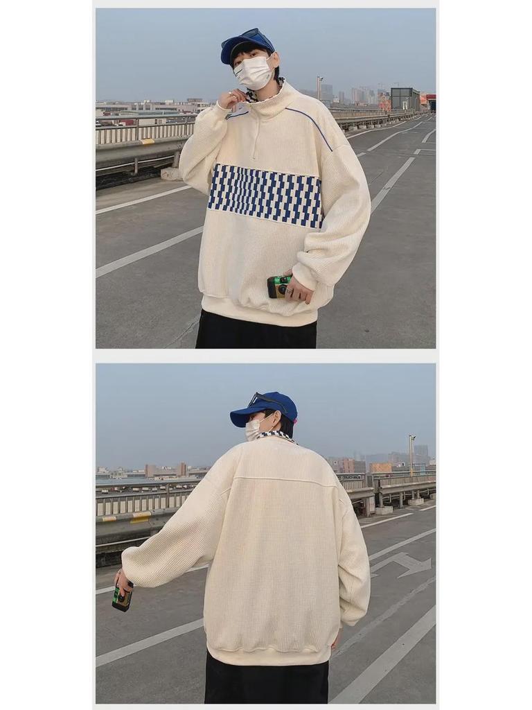 Retro Color Block Waffle Sweatshirt: Men's Half-Zip Polo Jacket for Spring and Autumn.