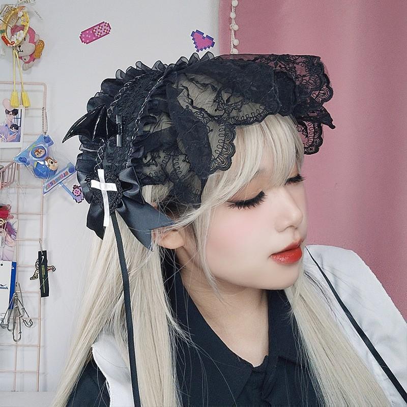 Handmade Gothic Lace Bow Veil Hair Clip Lolita Outfit Wide Headband With Floral Trim Anime Style Accessory