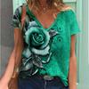 Women's Retro Rose 3D Digital Print Summer Loose Quick Drying T-shirt V-neck Women's Clothing Shirt