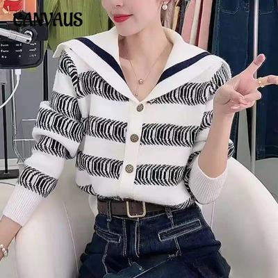 Autumn and Winter Women's Knitwear Navy Collar Slim Stripe Clash Long Sleeve Sweater Knit Top Cardigan Jacket