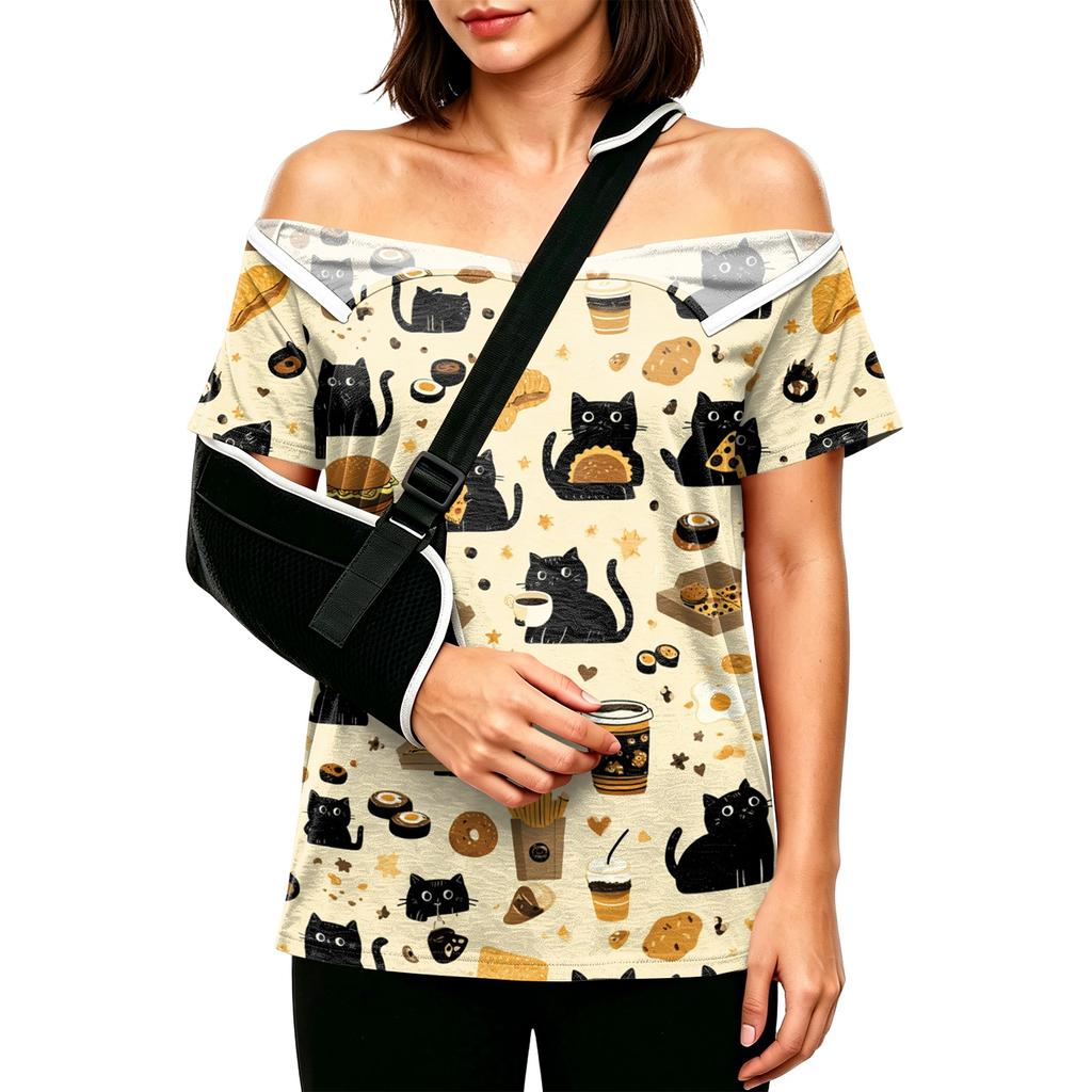 Post Surgery Women Short Sleeve Shirt Cartoon Animal Print Shoulder Zipper Side Velcro Closure Comfortable Fit Medical Recovery Top
