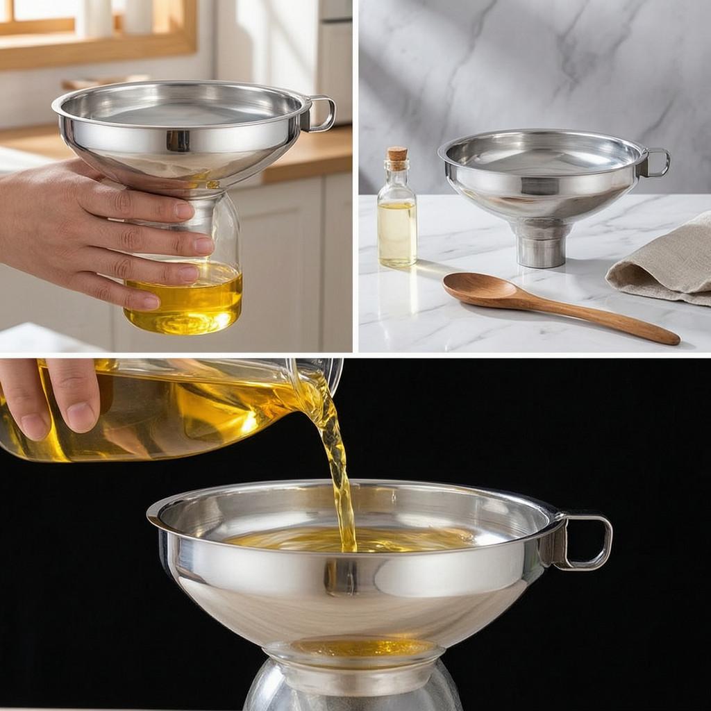 Stainless Steel Wide Mouth Oil Funnel Set With Filter For Kitchen Cooking And Salad Dressing