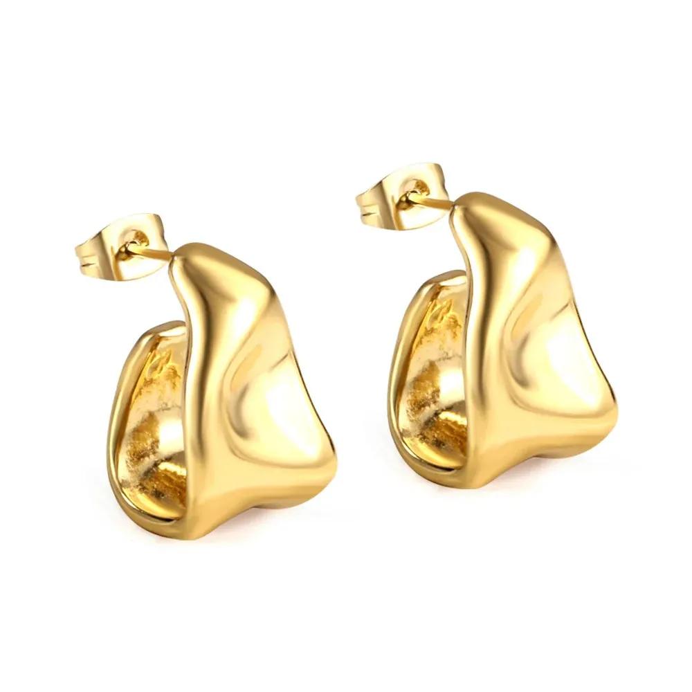 Stainless Steel Gold Color Irregular Wave Shape Hoop Earrings for Women Jewelry Silver Geometric Textured Folded Over Studs