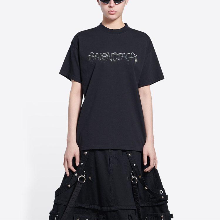 Balenciaga SS22 Drop Shoulder Sleeve T Shirt Women's Black 612965TLVF11069