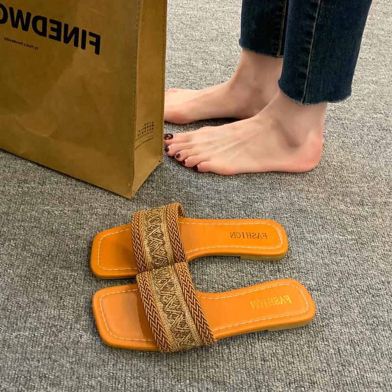Ethnic Style Fisherman Cool Slippers Women's Summer Wear 41-43 Large Size Straw Woven Sweat-absorbing Flat Bottom Casual One-word Slippers