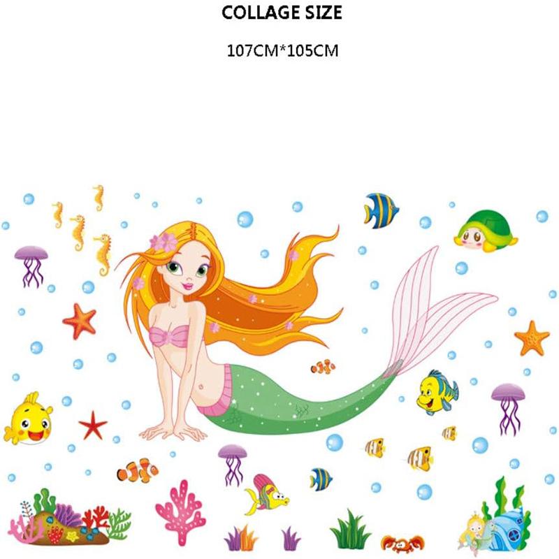 Kreslená mořská panna princezna Odnímatelné samolepky na zeď pro dětský pokojíček, dívčí ložnici, dekorace