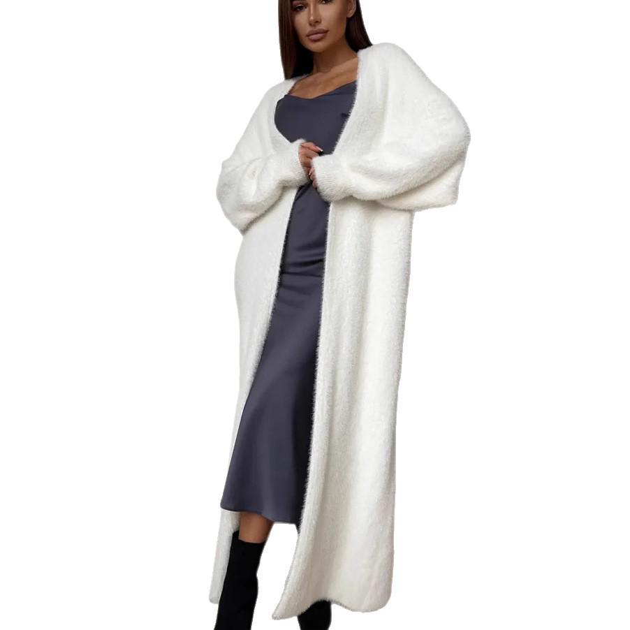 Women's Plush White Imitation Mink Long Cardigan – Cozy Autumn/Winter Knitwear, Plus Size Available