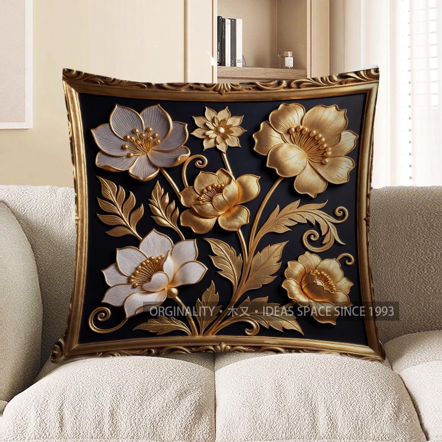 2D Gilded Floral Pattern Decorative Pillow Covers Pattern Cushion Cover Suitable For Sofa Bedroom Car Pillow Cover