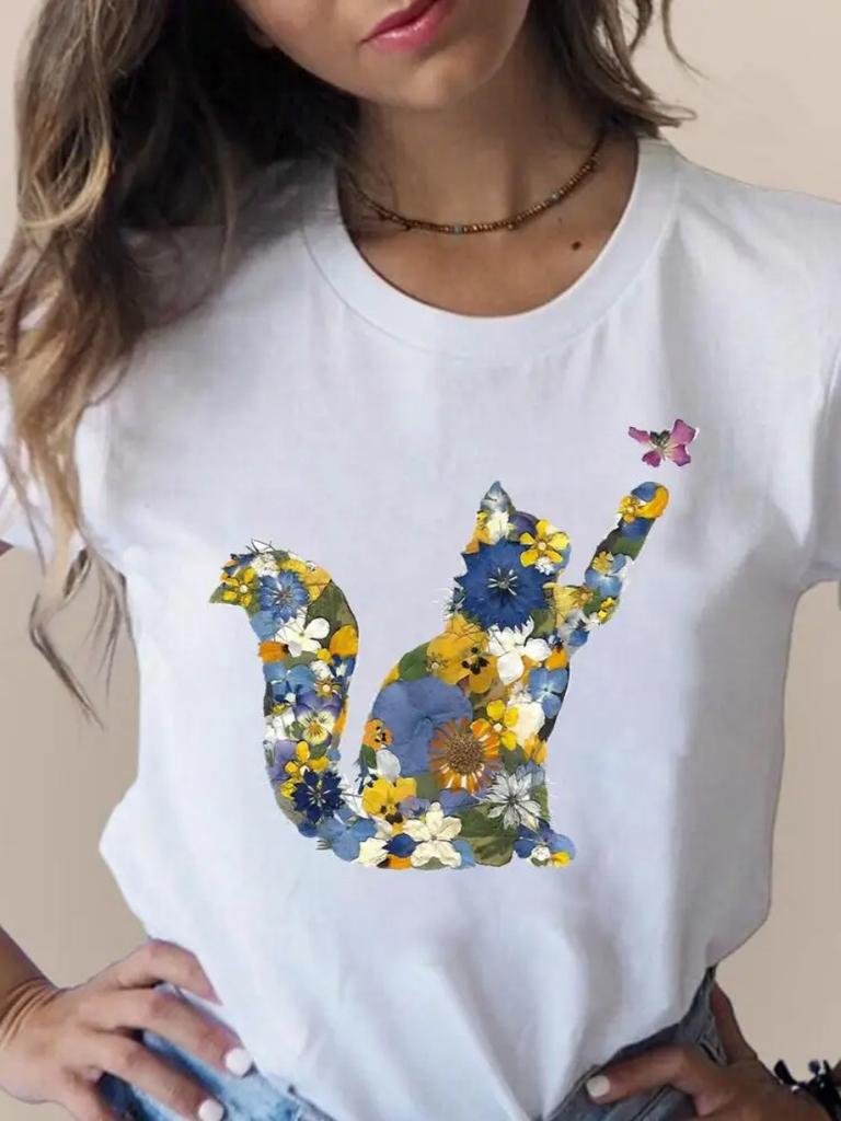 Summer Plus Size Print T Fashion 3D Cat Lovely Trend Cute Women's Clothing Short Sleeve Clothes Summer T-shirts Ladies Graphic Tee