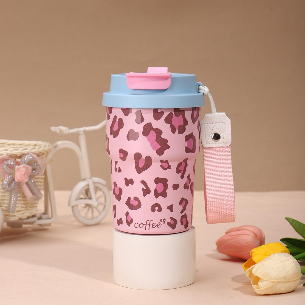 500ml Tragbarer Hochwertiger Wassertrinkbecher mit Leopardenmuster und Trageseil Mini-Autobecher 304 Edelstahl Isolierbecher