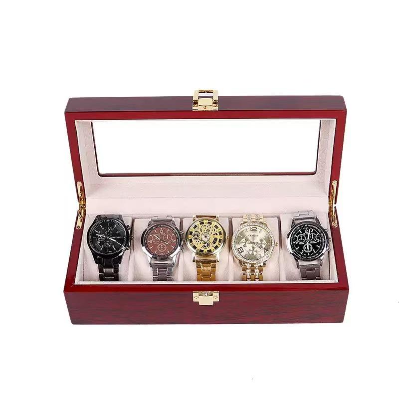 Red Sandalwood Clock & Watch Painted Wooden Box - Double-Layer 2-Position Jewelry & Watch Storage Box