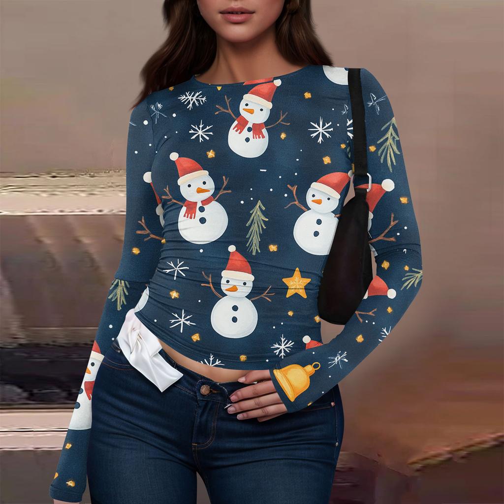 Women's Fashion Casual Round Neck Christmas Printed Long Sleeve T-Shirt Top