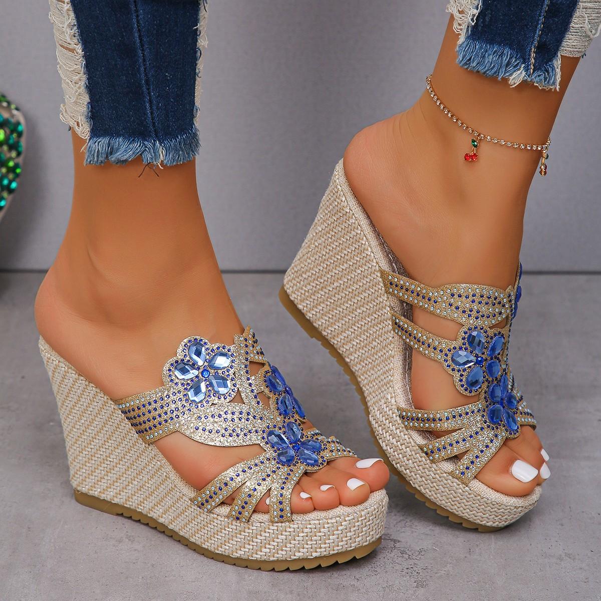 

Новые женские тапочки на танкетке со стразами, летняя женская обувь высокого качества с открытым носком, большие размеры, Zapatos Para Mujeres 41