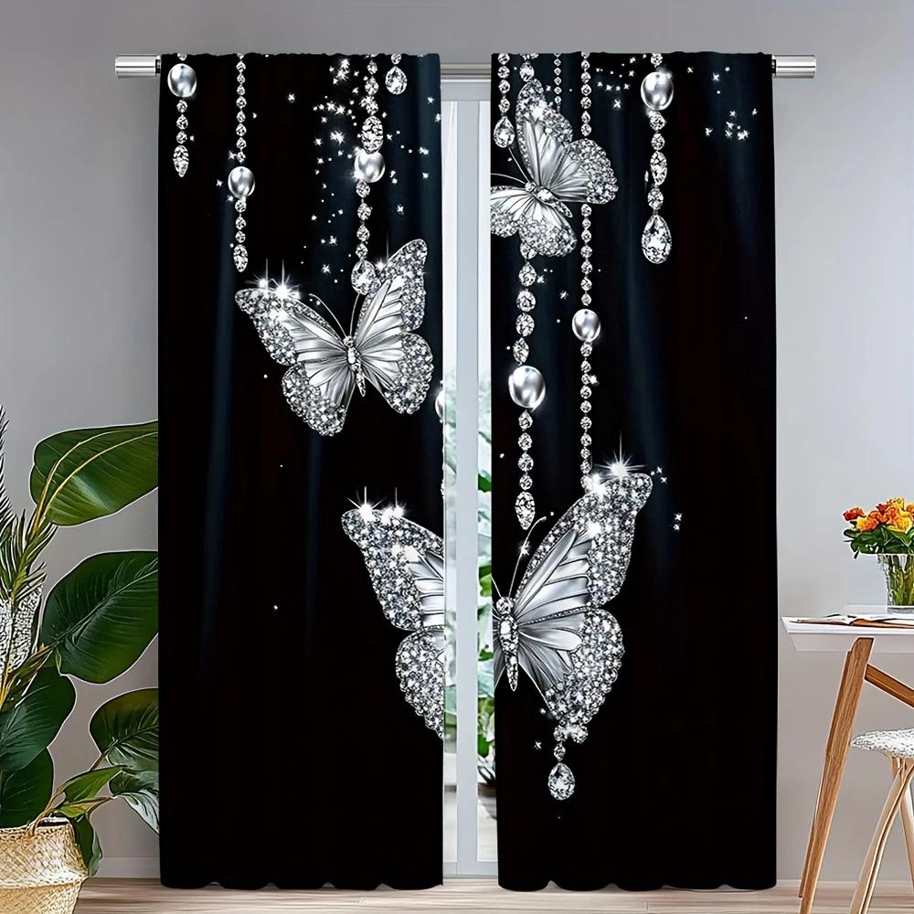 

Elegant Black And Silver Butterfly Design Printed Curtains, Pole Bag Design, Home Decoration, Room Decoration 14Wx39L(35x100CM)x2