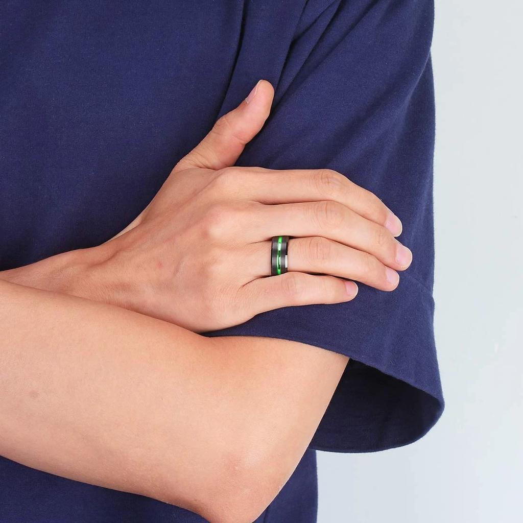 Trendy 8mm Green Color Groove Beveled Edge Tungsten Wedding Rings For Men Black Brushed Steel Engagement Ring Men's Wedding Band