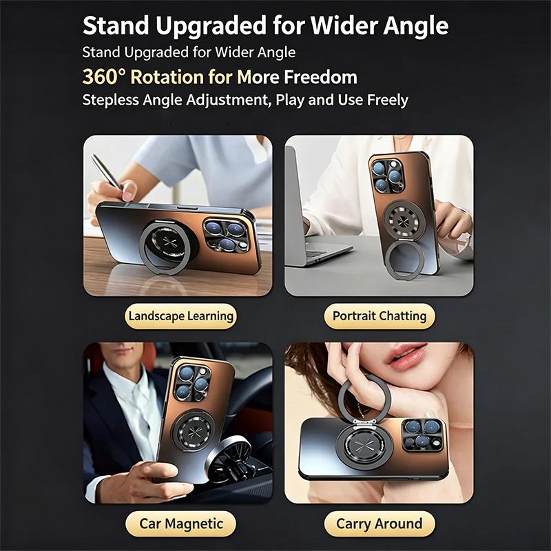 Matte PC Phone Case For iPhone 17 17 Pro 17 Pro Max Metal Lens Frame 360° Rotatable Magnetic Kickstand Shockproof Protective Cover