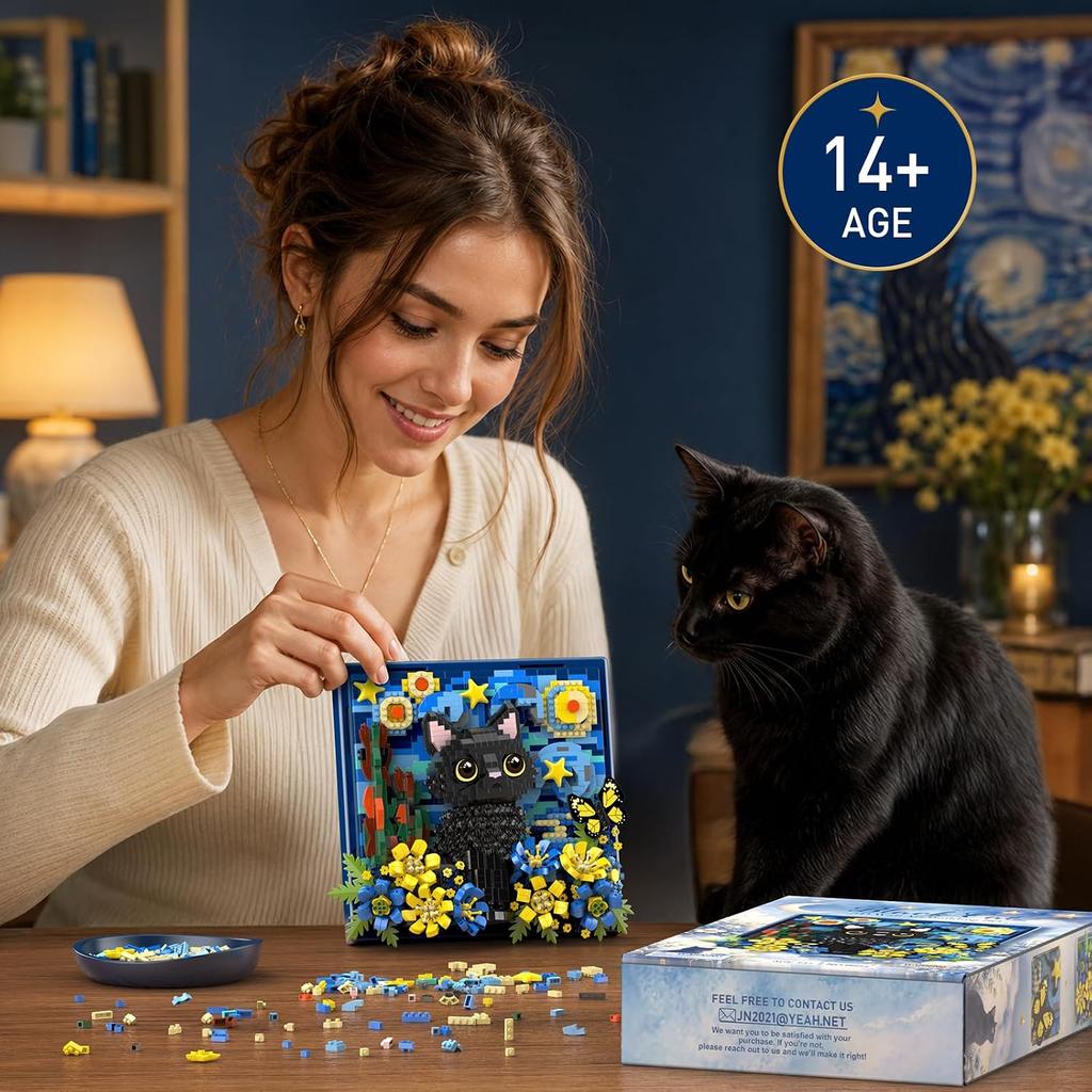 New Desgin Starry Night Black Cat Flowers 3D Wall Art Building Blocks Micro Bricks Animals Model Creative Decorations Gifts Set