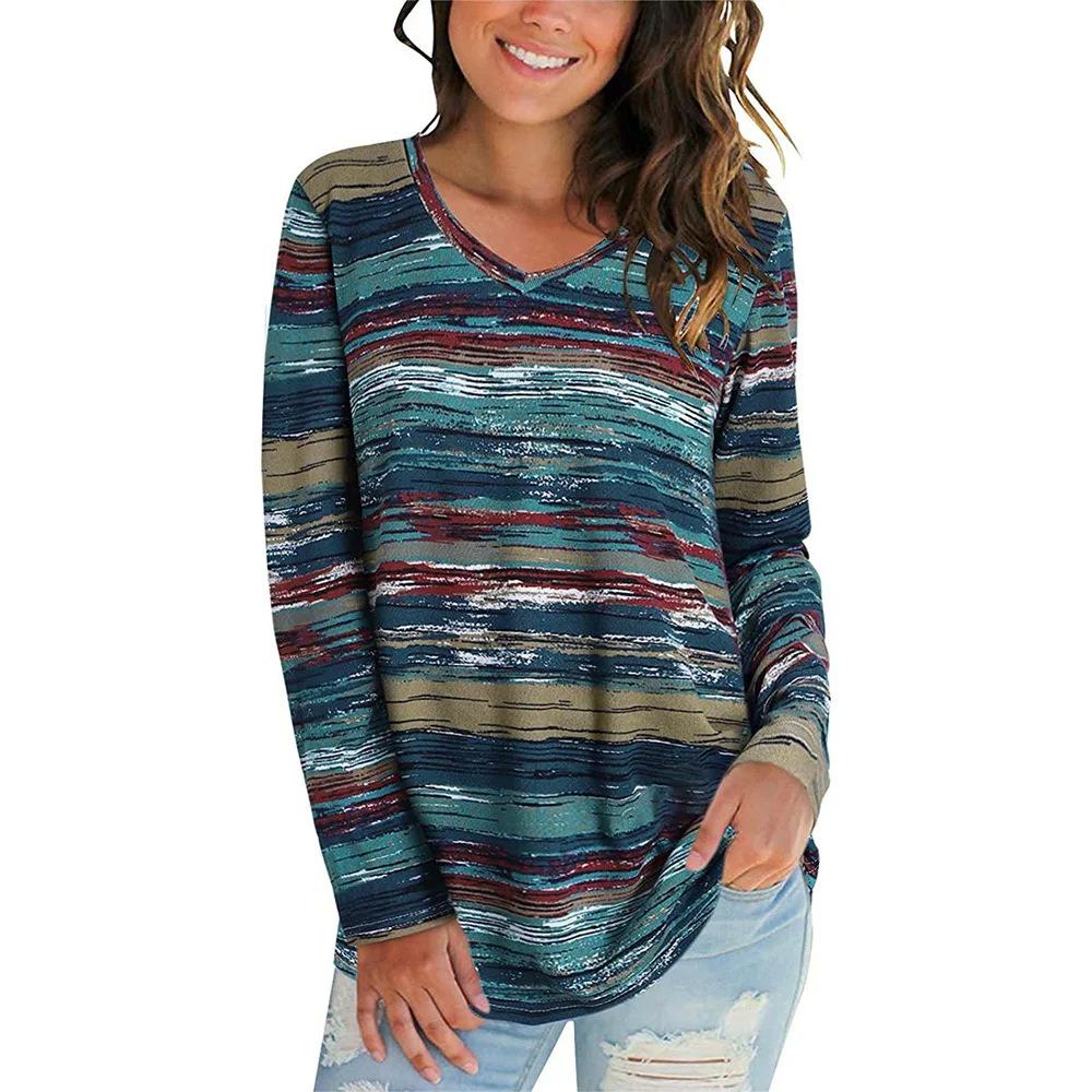 

Spring and Autumn V-neck 3D Striped Printed Top Fashionable Casual Long Sleeved Women s T-shirts 6XL