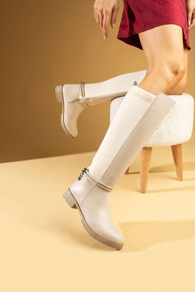 Women Modern Stylish Fashion Boots Faux Leather Cream Beige Chic Style Casual Comfortable Fit Stretch Upper Suitable for All Legs Boots