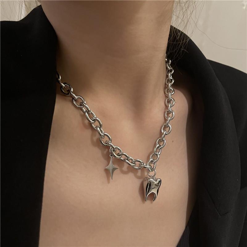 Hip Hop Stainless Steel Titanium Steel Thick Chain Necklace Funny Tooth Shape Pendant Collarbone Chain Neck Chain 1PCS