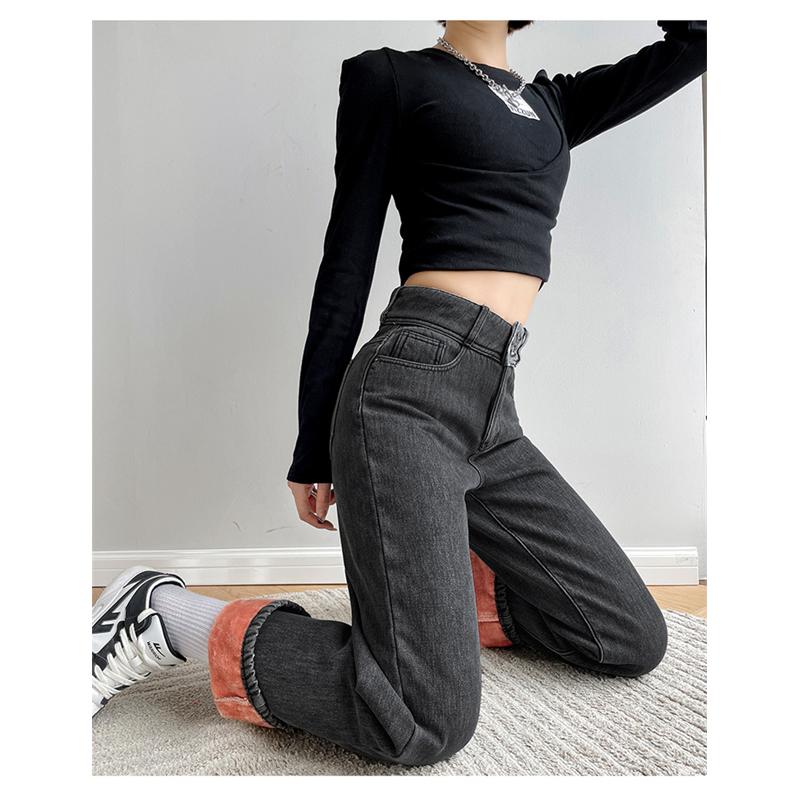 Vintage høy midje dame jeans vinter tykk varm Streetwear jeans med brede ben Dame dongeribukser Rett baggy mor dongeribukser