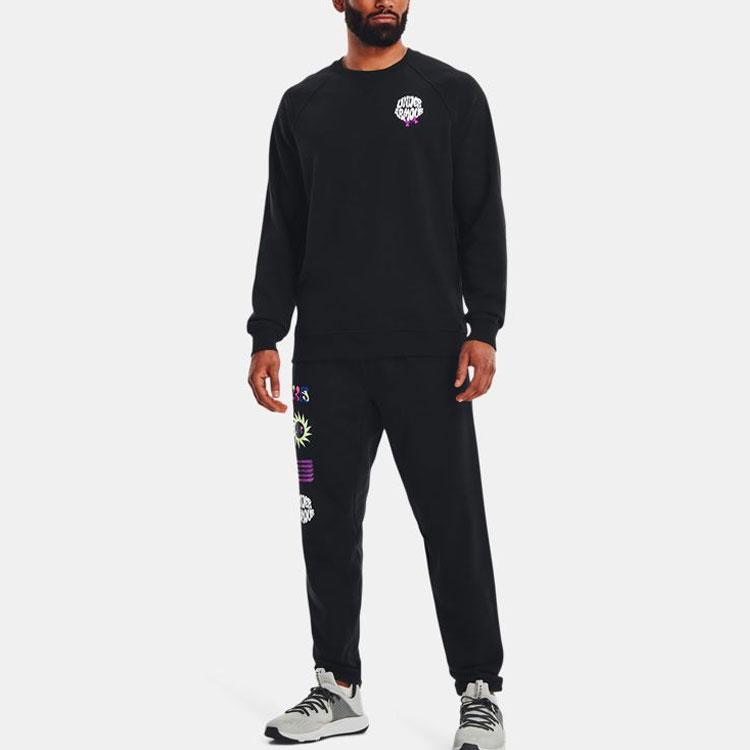 Under Armour Solid Color Letter Print Crew Neck Pullover Sweatshirt Men Tops Black 1373837-001