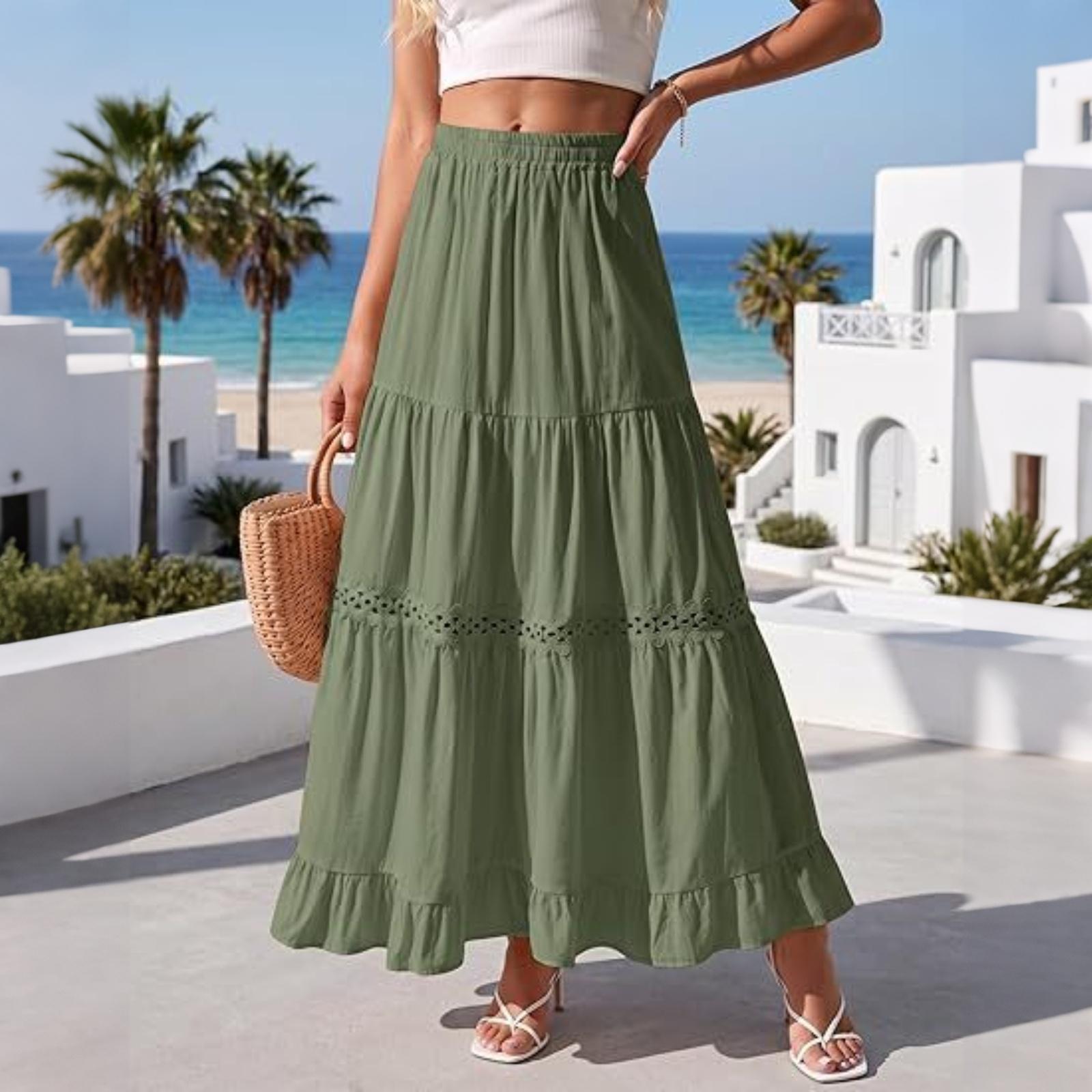 Women s Long Cotton Skirt Elastic Waist Lace Trim Tiered A-Line Maxi Skirt Lightweight Pleated Half Length Skirt Casual Summer Skirt L армия зеленый