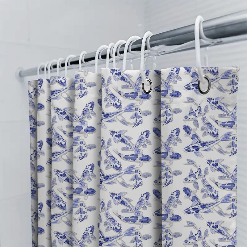 Watercolor Blue Fish Print Shower Curtain For Bathroom Decoration Floral Pattern Waterproof Fabric With Hooks.