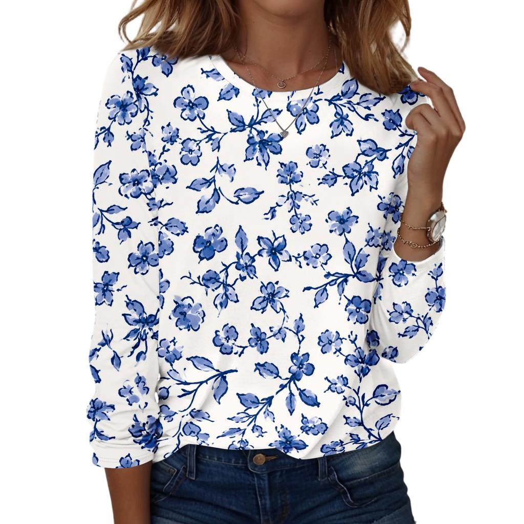 Women's Casual Long Sleeve Floral Print Round Neck Top for Everyday Wear