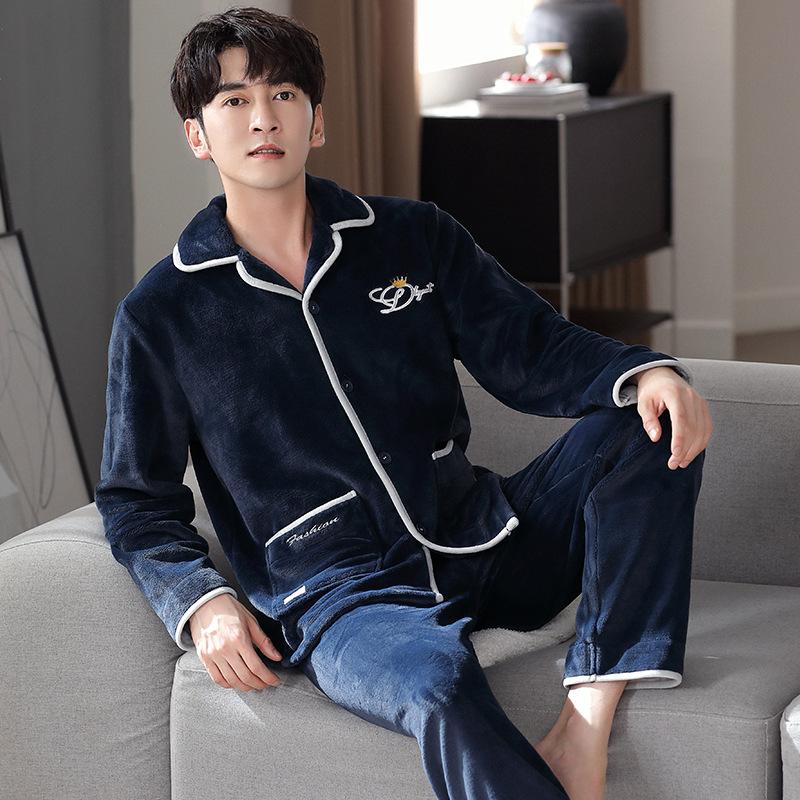 Pyjama Herren Herbst und Winter Korallenfleece Verdickt Fleece Warm Flanell Hausanzug Herren Winter und Winter Anzug