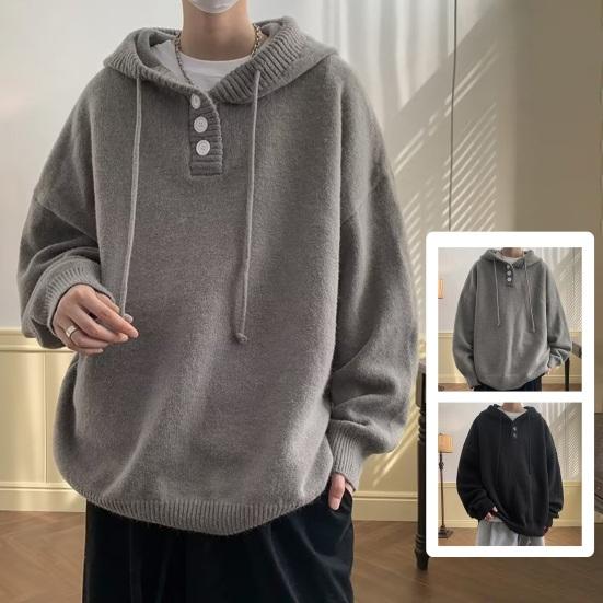 

Осень-зима мужской свитер на пуговицах с капюшоном сплошной цвет свободный шнурок вязаный свободный эластичный длинный рукав теплая винтажная уличная одежда средней длины плюс