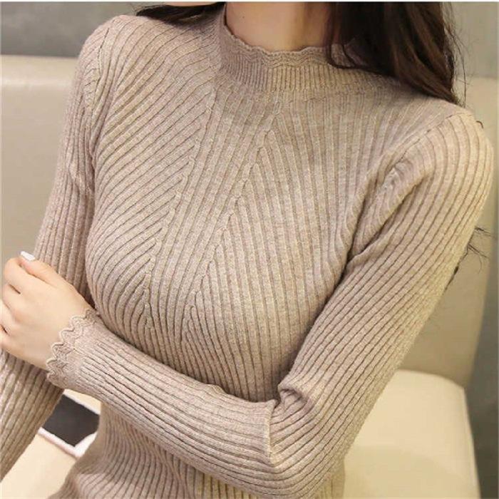 Women's Autumn Winter Lace Half-Turtleneck Long Sleeve Bodycon Pullover Versatile Base Shirt