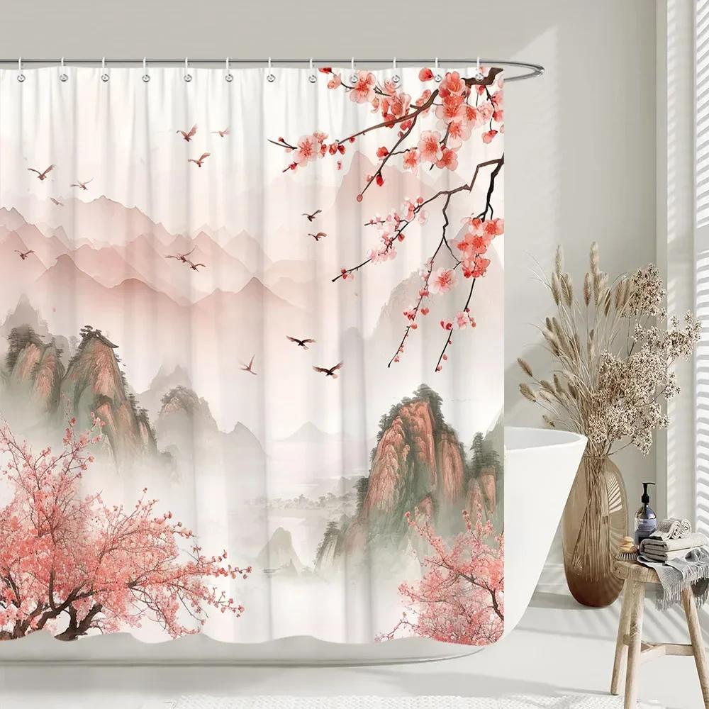Chinese style Shower Curtain Koi Fish Cherry Blossom Sun Sea Wave Octopus Landscape Polyester Fabric Curtains Bathroom Decor